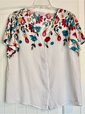 White Button-Down Blouse with Multicolor Floral Embroidery
